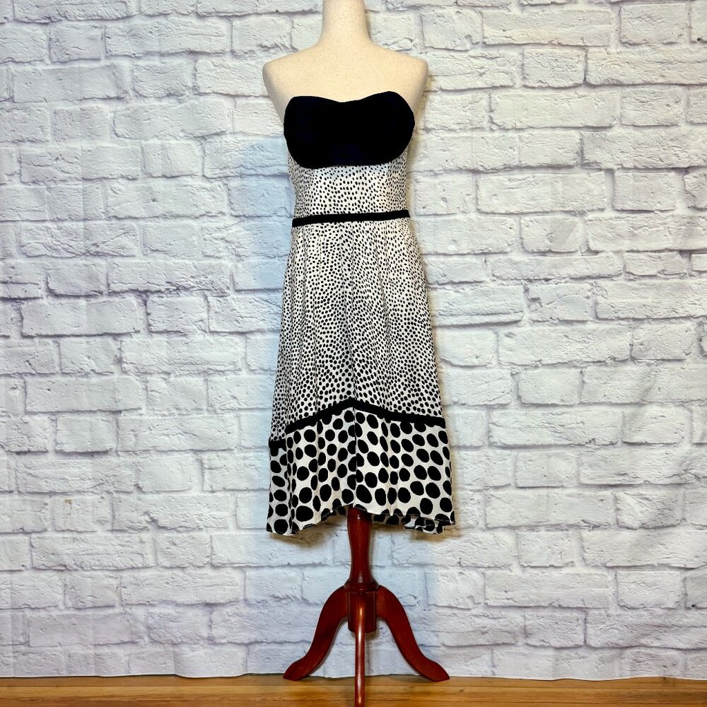 Anthropologie Christopher Deane Black & Cream Silk Dots Strapless Midi Dress